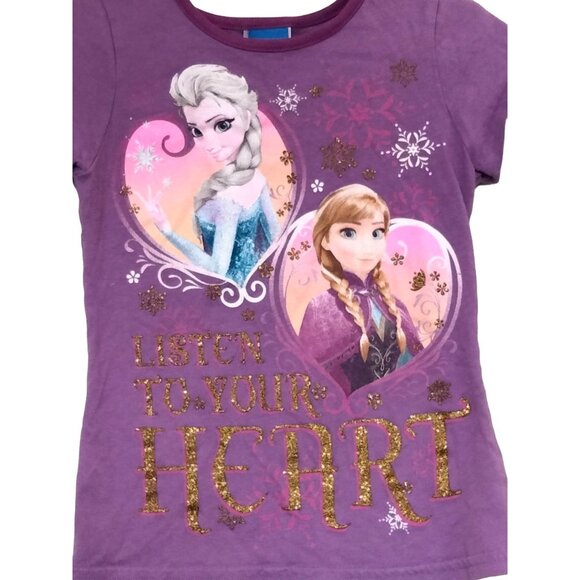 Disney Frozen Kids Glittery Graphic Tee Top With Elsa & Anna Design Size 6 - Picture 3 of 5